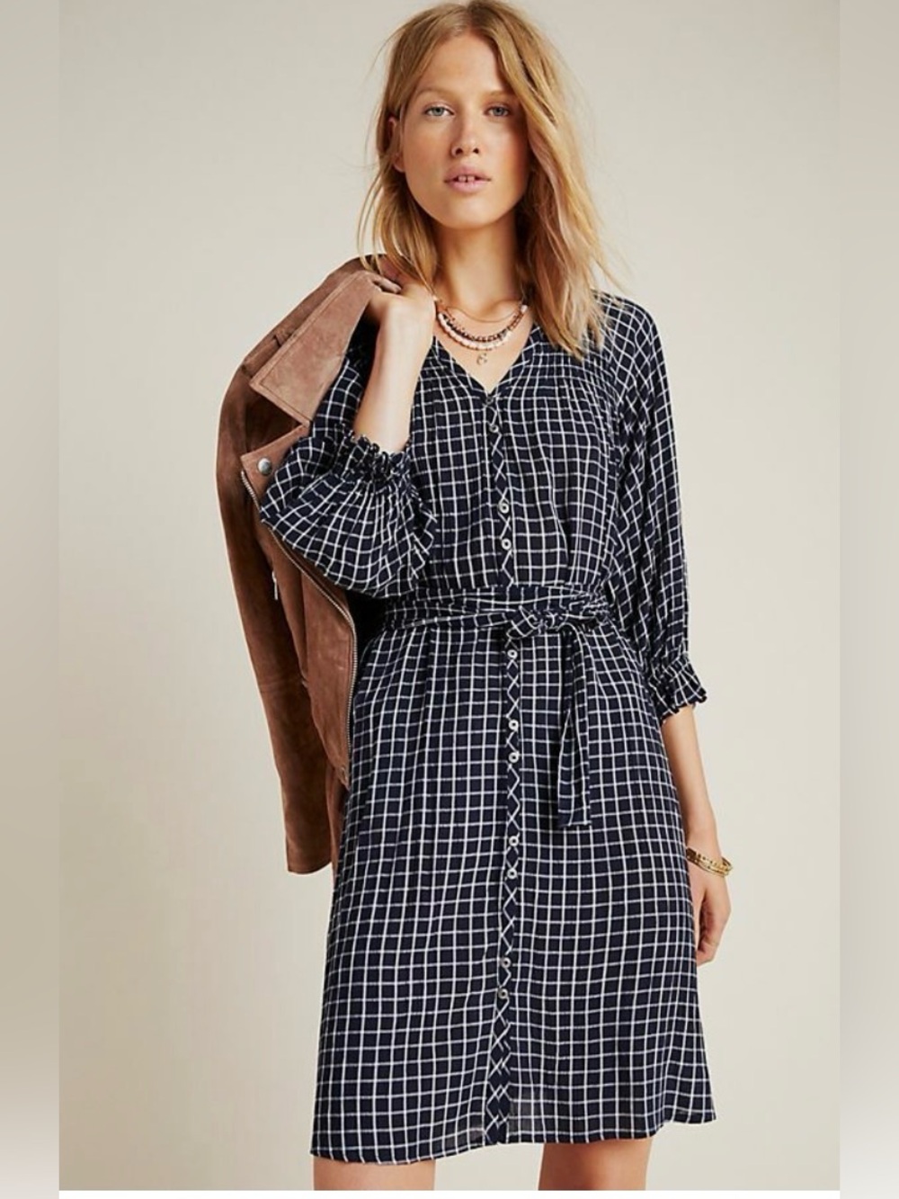 MAEVE ANTHROPOLOGIE Sara Smock balloon sleeve tie waist button up shirt dress M